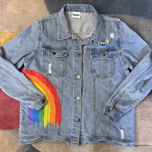 M&M’s Rainbow Vibes Denim Jacket XL Distressed Pride Cotton